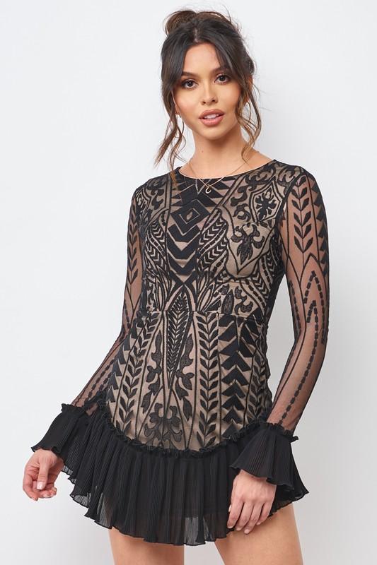 Elegant Black Floral Lace Ruffle Dress with Long Sleeve