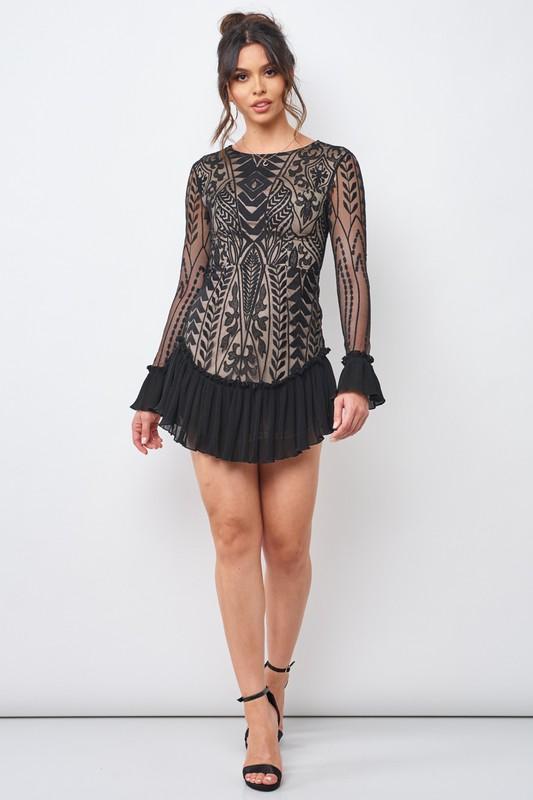 Elegant Black Floral Lace Ruffle Dress with Long Sleeve