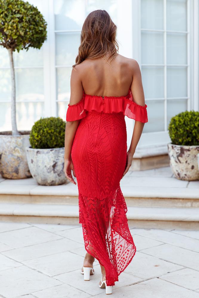 Elegant Off Shoulder Red Floral Lace Ruffle High Low Maxi Dress