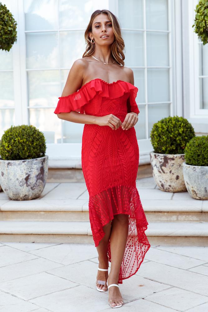 Elegant Off Shoulder Red Floral Lace Ruffle High Low Maxi Dress