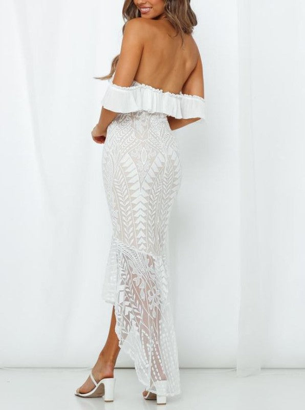 Elegant Off Shoulder White Floral Lace Ruffle High Low Maxi Dress