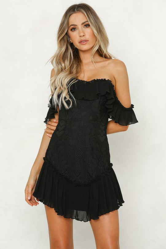 Elegant Off Shoulder Black Floral Lace Ruffle Dress