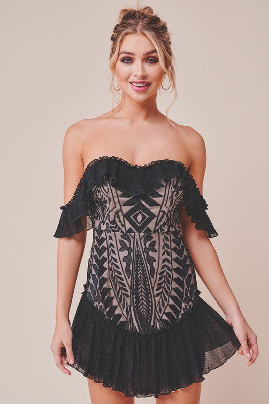 Elegant Off Shoulder Black Nude Floral Lace Ruffle Dress