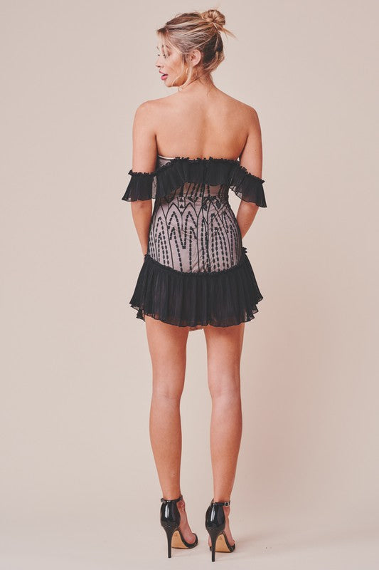 Elegant Off Shoulder Black Nude Floral Lace Ruffle Dress