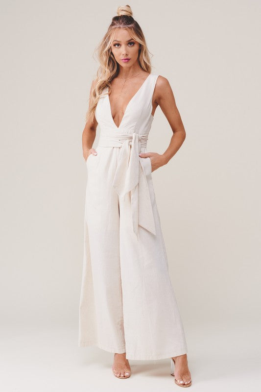 Elegant Beige V-Neck Double Tie-Up Jumpsuit