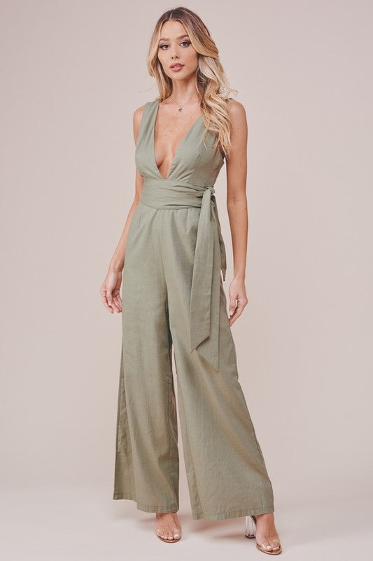 Elegant Olive V-Neck Double Tie-Up Jumpsuit