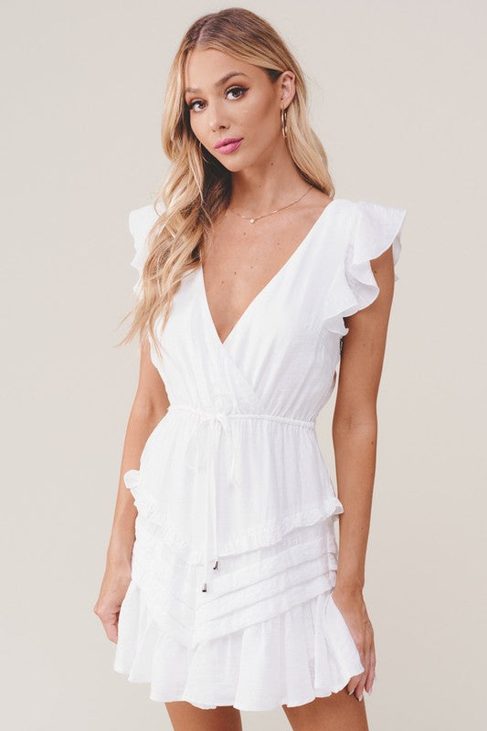 Fashion White Ruffle Deep V-Neck Tie-Up Dress with Band Sleeve Detailed