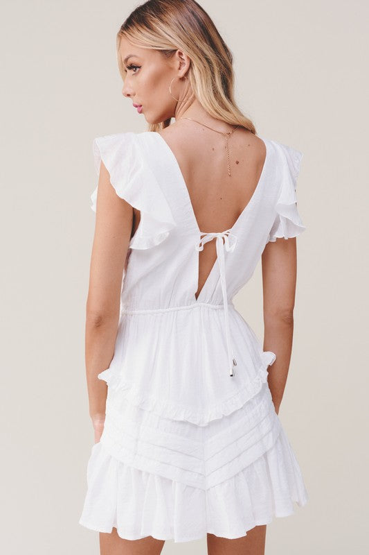 Fashion White Ruffle Deep V-Neck Tie-Up Dress with Band Sleeve Detailed
