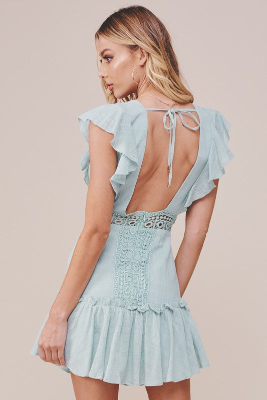 Elegant Sage Lace Ruffle Deep V-Neck Dress with Band Sleeve Detailed