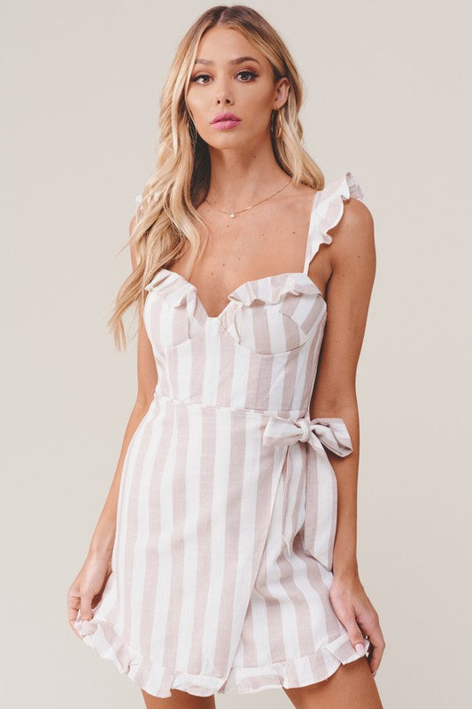 Elegant Beige Marine Strap Ruffle Wrap Tie Up Dress
