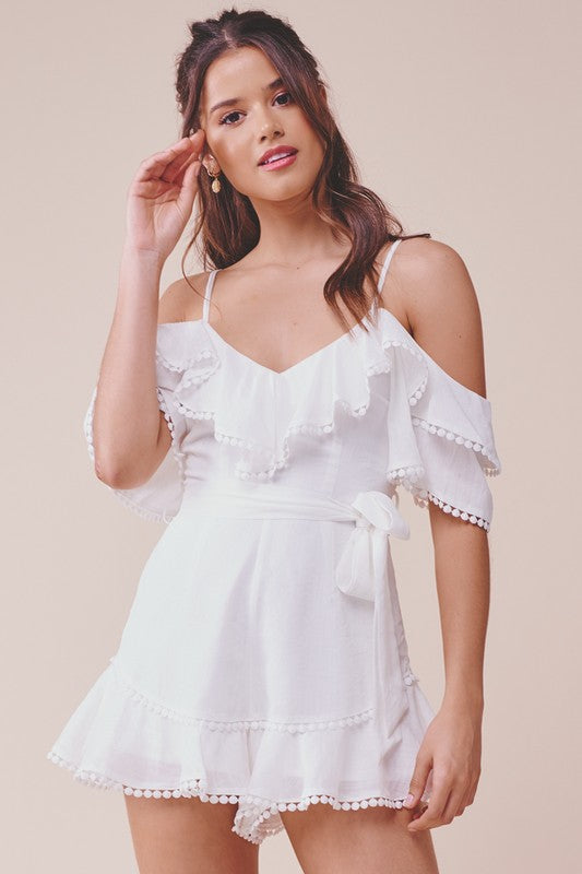 Elegant Strap White Tie-Up Ruffle Tassel Sleeveless Romper