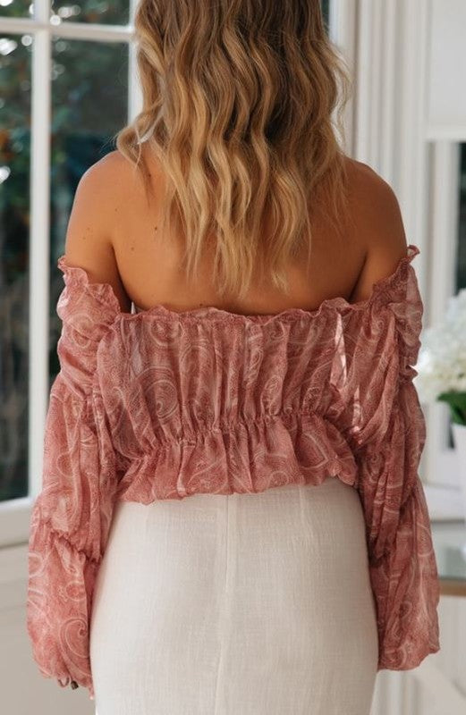 Fashion Off Shoulder Pink Floral Tie-Up Ruffle Crop Top with Bell Sleeve