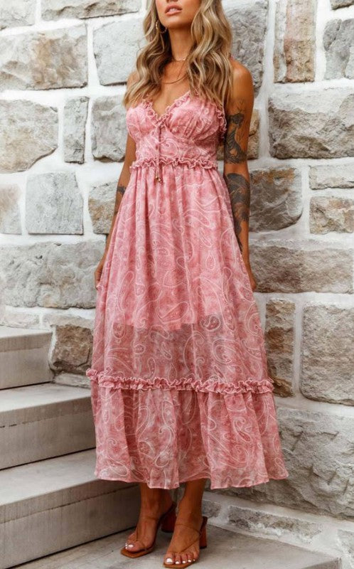 Fashion Strap Pink Floral Print Ruffle Dress Open Back Tie-Up
