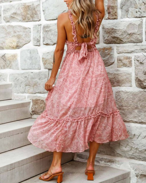 Fashion Strap Pink Floral Print Ruffle Dress Open Back Tie-Up