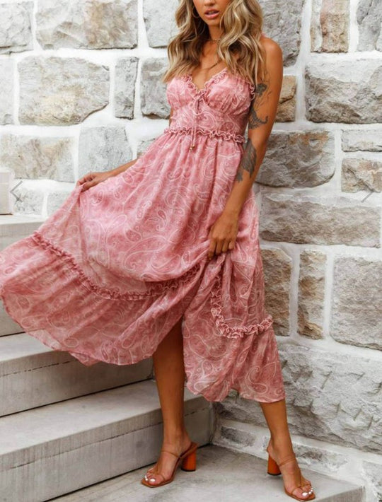 Fashion Strap Pink Floral Print Ruffle Dress Open Back Tie-Up
