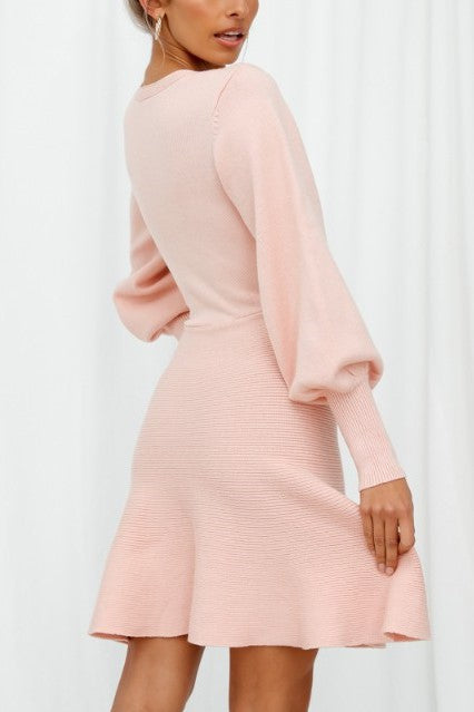 Fashion Blush Ruffle Sweater Dress with Bell Sleeve