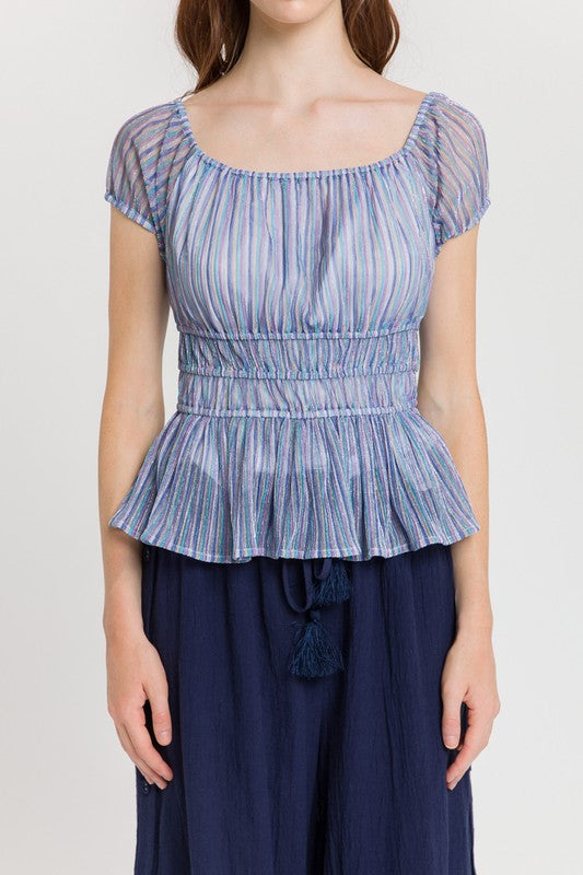 Elegant Off Shoulder Blue Multi-Color Rainbow Metallic Stripe Ruffle Top