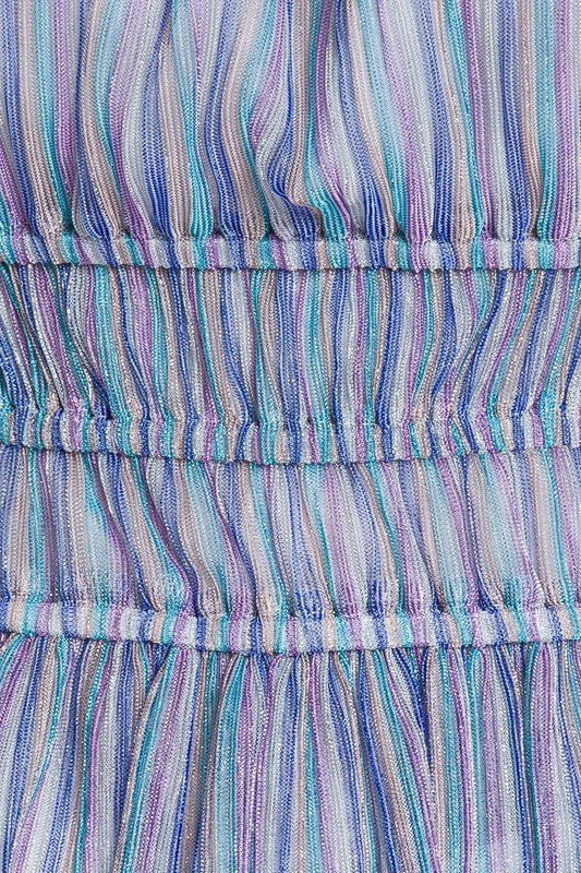 Elegant Off Shoulder Blue Multi-Color Rainbow Metallic Stripe Ruffle Top