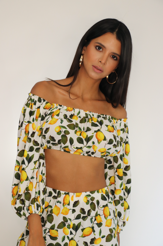 Elegant Off Shoulder White Lemon Print Crop Top with Bell Sleeve