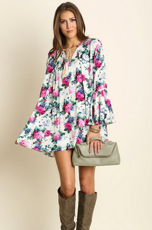 Floral Shirt Tunique Dress with Bell Sleeved