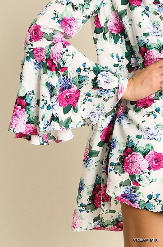 Floral Shirt Tunique Dress with Bell Sleeved