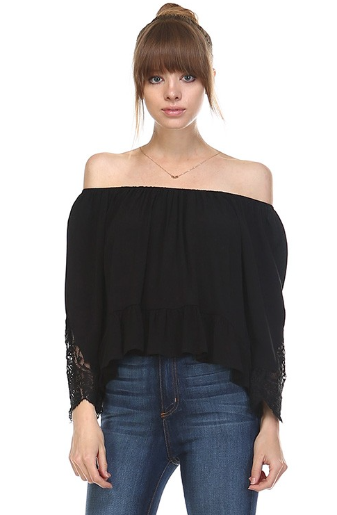 Off Shoulder Black Lace Sleeve Top