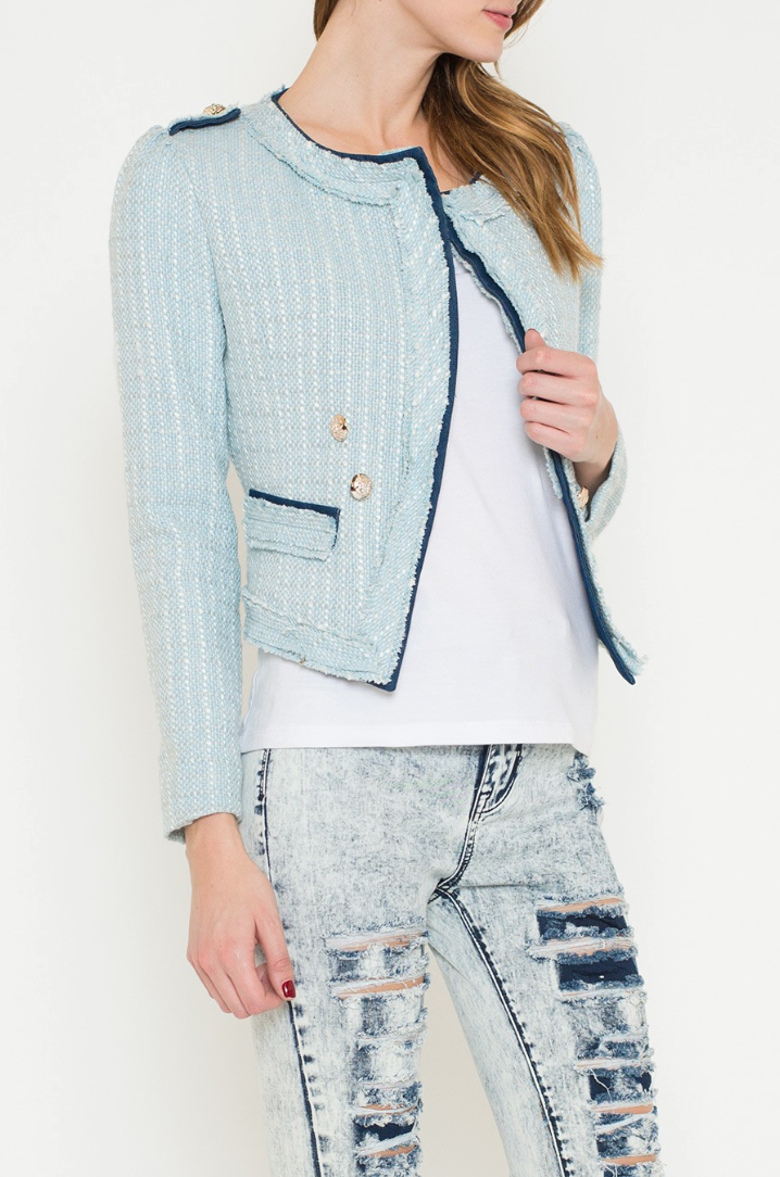 Elegant Fitted Blue Textured Detail Jacket