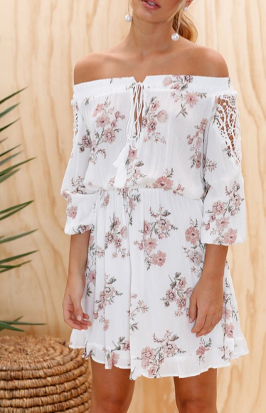 Summer Off Shoulder Cut Out Lace Floral Print Dress