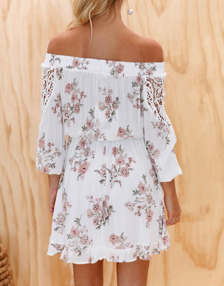 Summer Off Shoulder Cut Out Lace Floral Print Dress