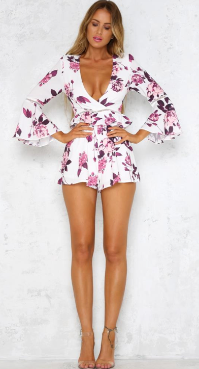 Fashion Floral Print Purple Ruffle White Romper with Bell Sleeve