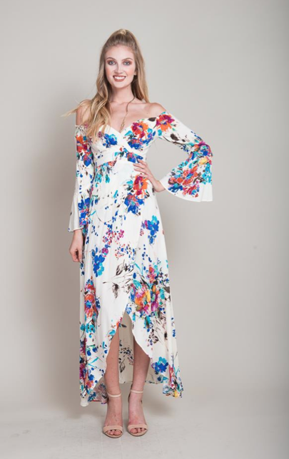 Elegant Off Shoulder Floral Multi-Color Maxi Dress with Bell Sleeve