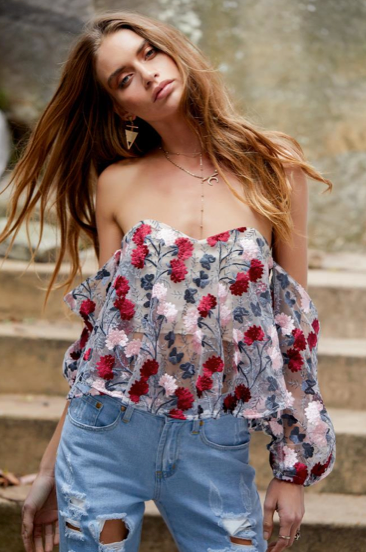 Fashion Off Shoulder Multi-Color Ruffle Floral Embroidery Top