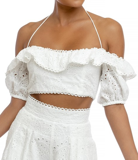 Fashion Off Shoulder Eyelet Ruffle White Lace Strap Crop Top