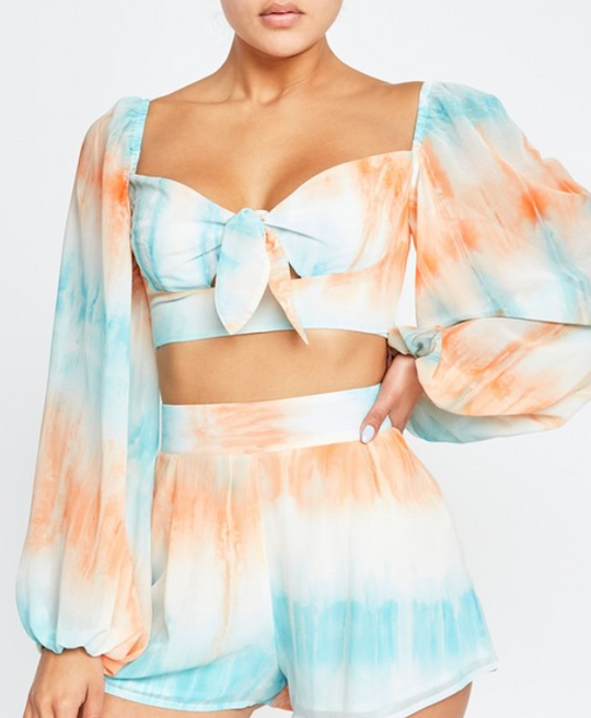 Fashion Summer Orange Multi-Color Tie-Up Bell Sleeve Crop Top
