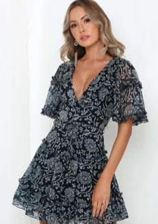 Fashion Navy Floral Print V-Neck Ruffle Dress