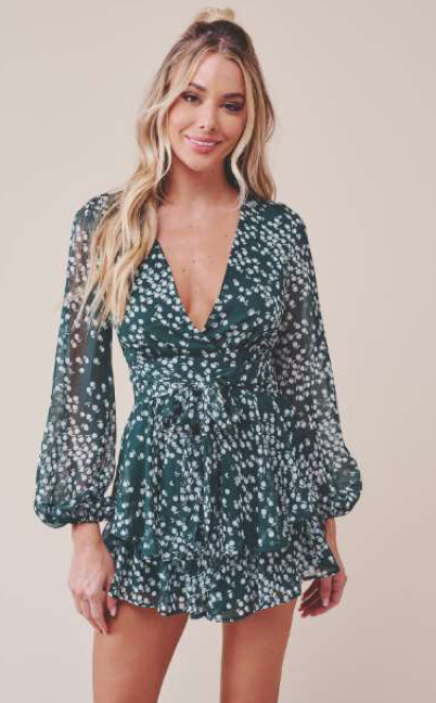 Fashion Forest Green Floral Print Ruffle Tie-Up Romper with Bell Sleeve