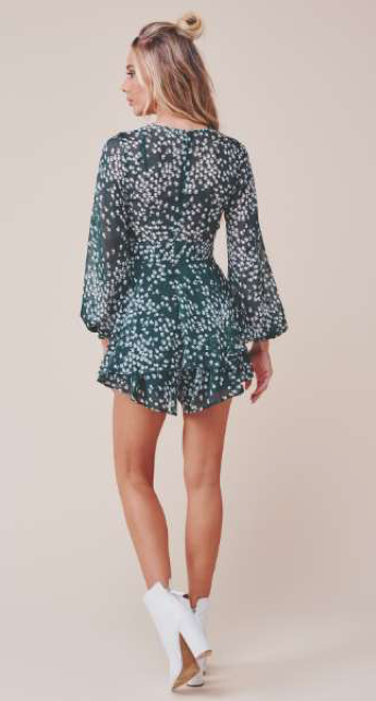 Fashion Forest Green Floral Print Ruffle Tie-Up Romper with Bell Sleeve