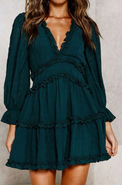 Fashion Forest Green Detailed Print V-Neck Ruffle Dress