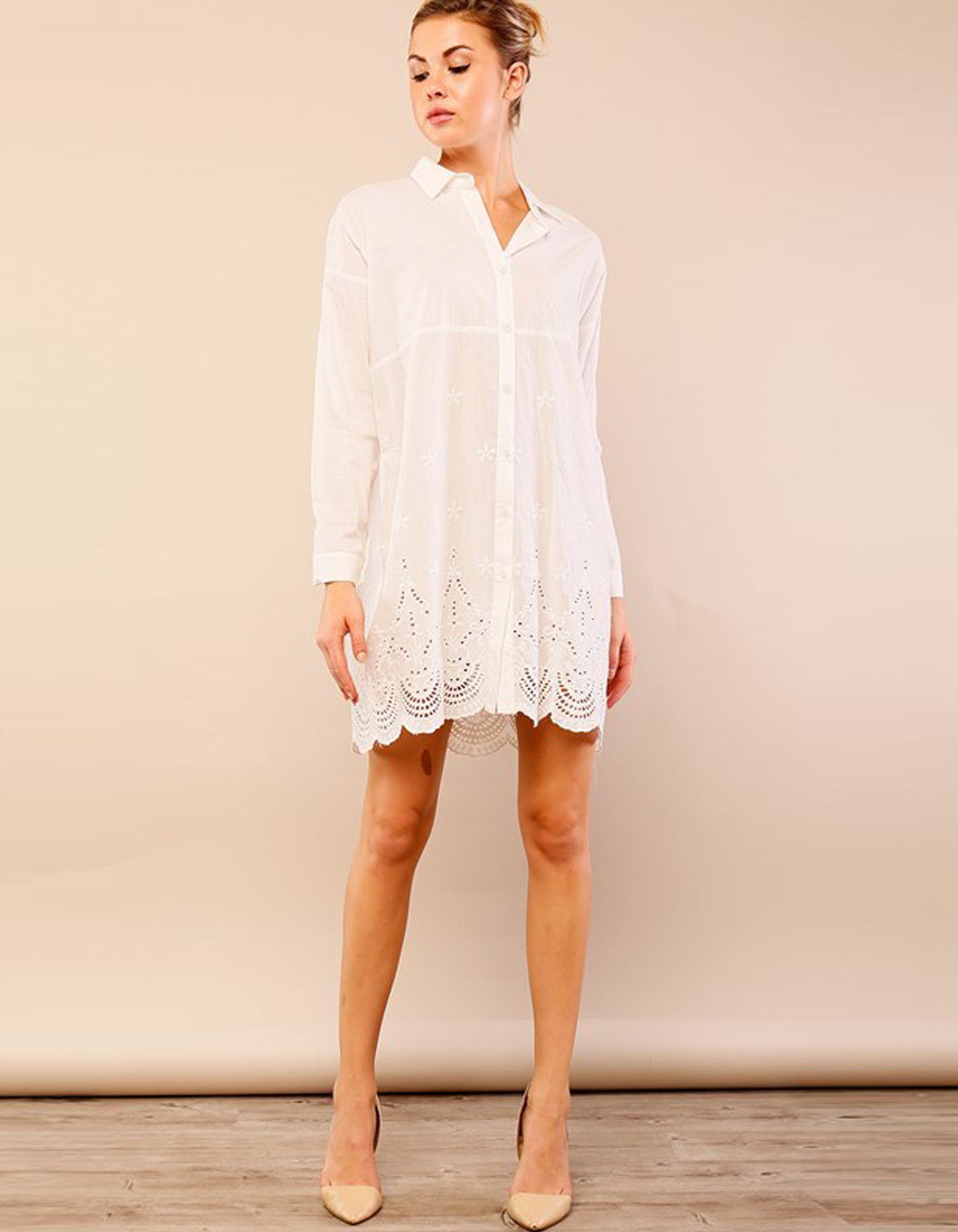 Shirt Dress with Scallop and Crochet Detailed
