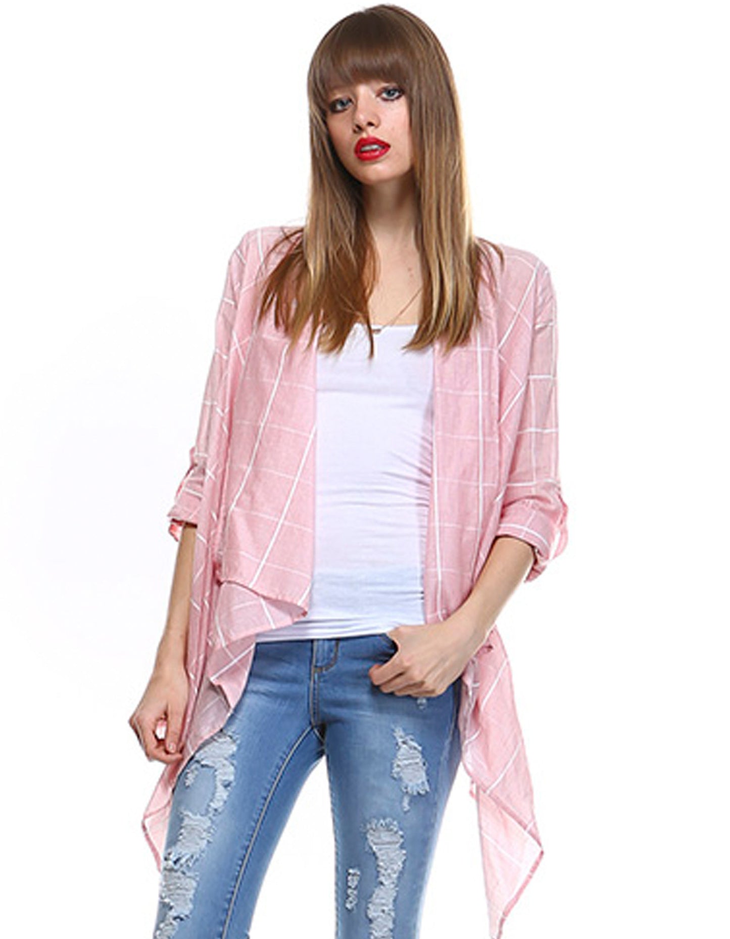 Soft Pink Roll Up Sleeves Checkered Cardigan