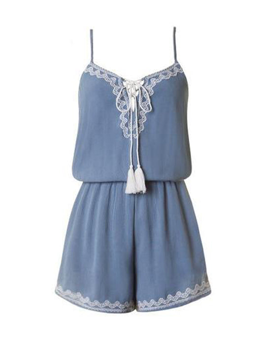 Summer Blue Sleeveless Romper with White Embroidery