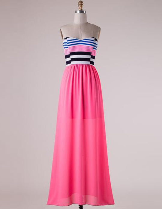 Summer Strapless Neon Pink Print Maxi Dress