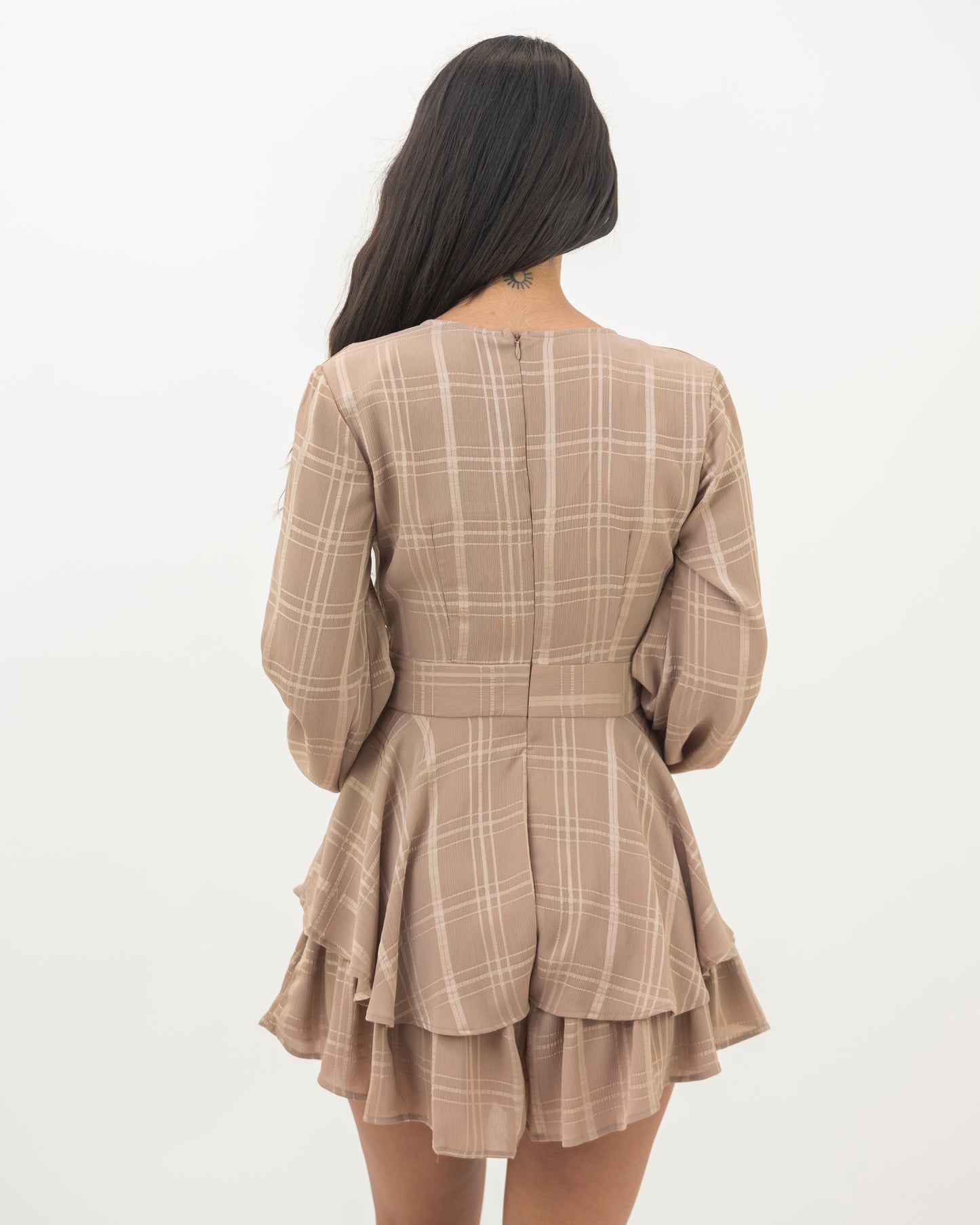 Fashion Light Brown Checkered Ruffle Tie-Up Romper with Bell Sleeve