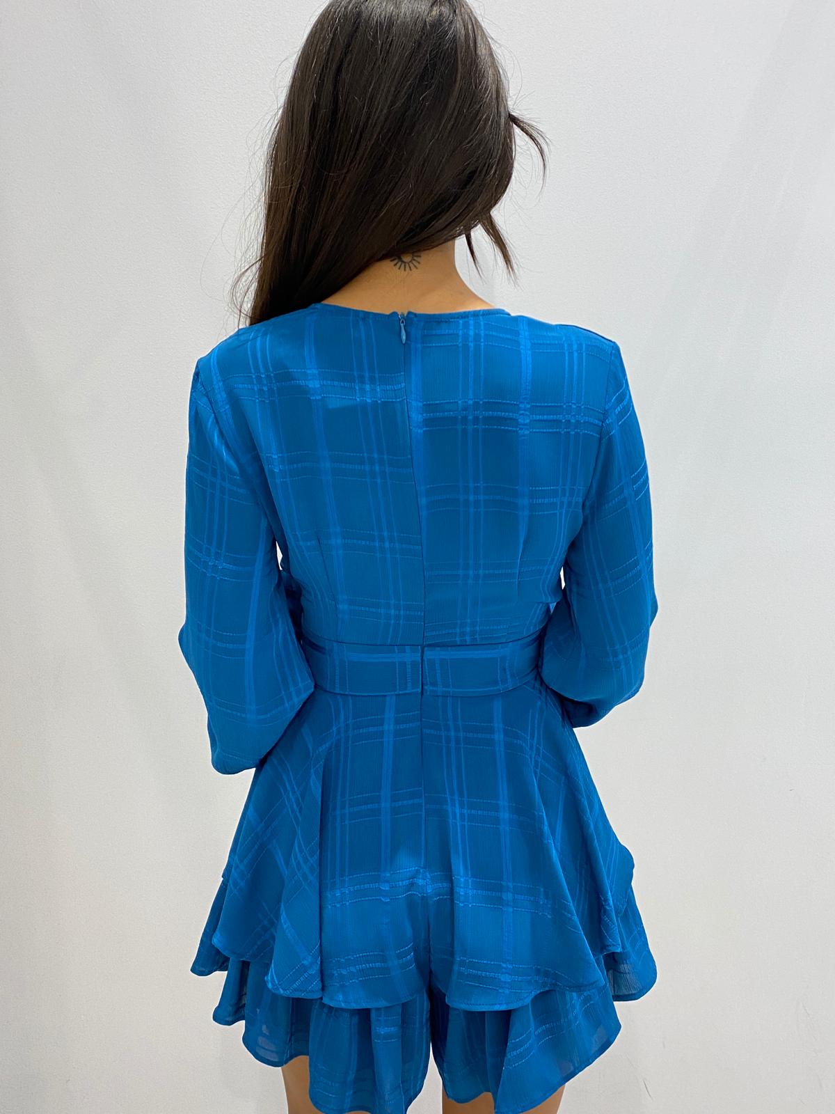 Fashion Ocean Blue Checkered Ruffle Tie-Up Romper with Bell Sleeve