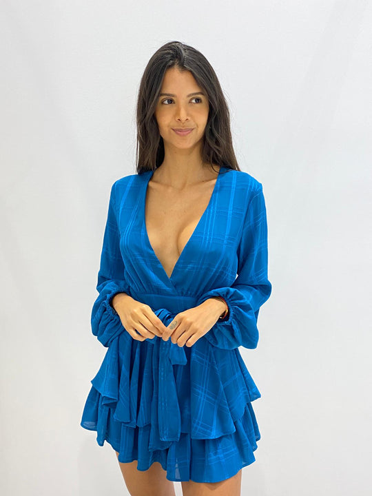 Fashion Ocean Blue Checkered Ruffle Tie-Up Romper with Bell Sleeve