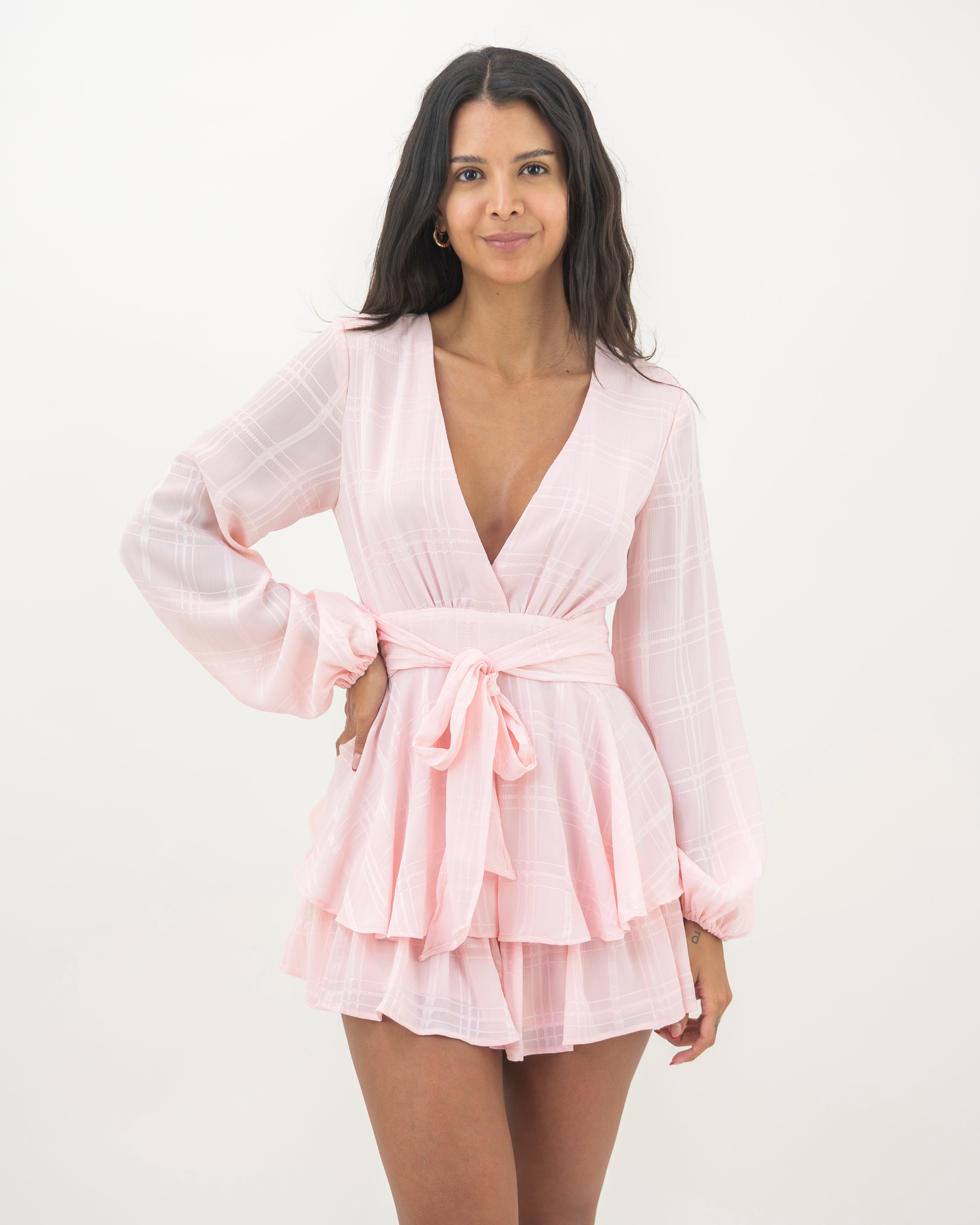 Fashion Light Pink Checkered Ruffle Tie-Up Romper with Bell Sleeve