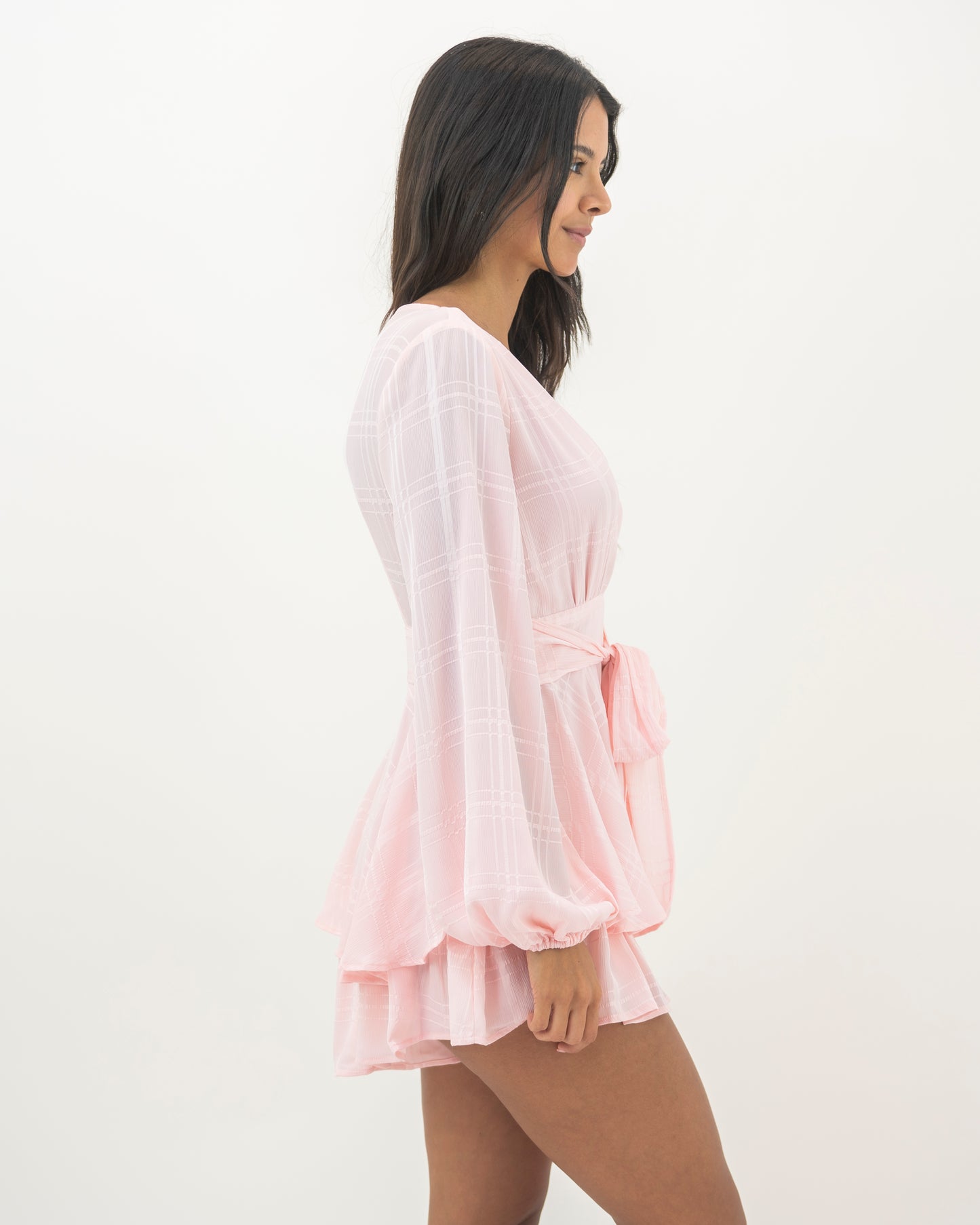 Fashion Light Pink Checkered Ruffle Tie-Up Romper with Bell Sleeve