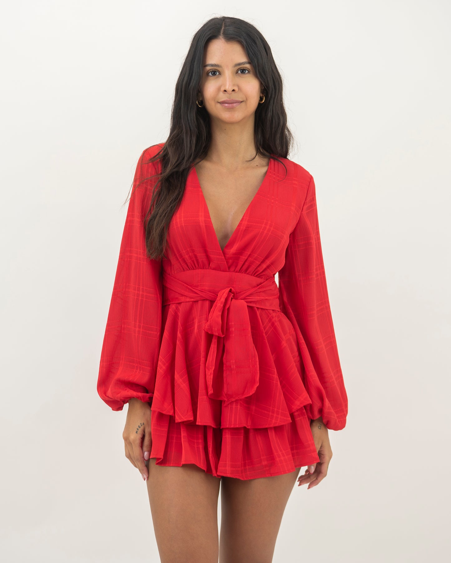 Fashion Red Checkered Ruffle Tie-Up Romper with Bell Sleeve