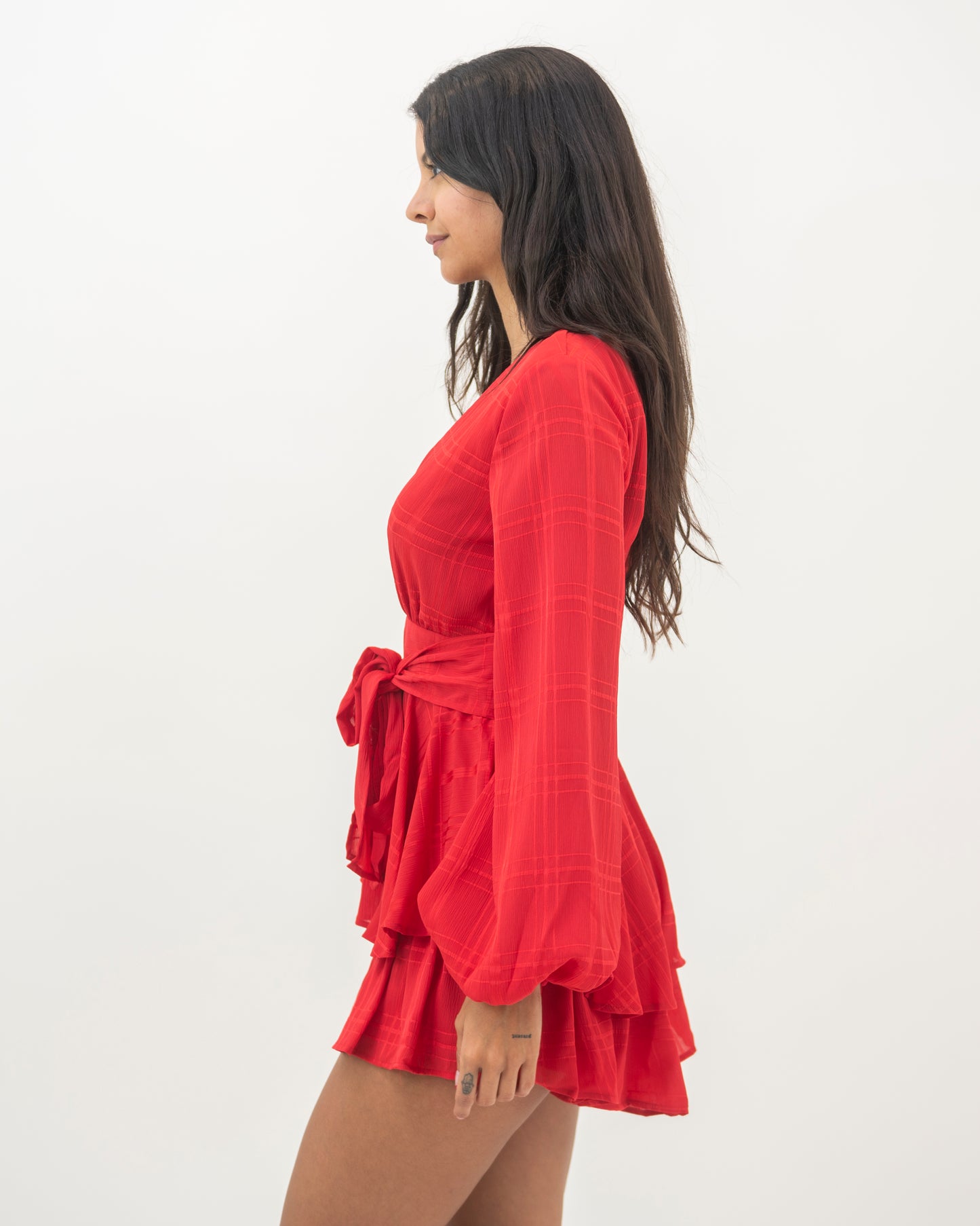 Fashion Red Checkered Ruffle Tie-Up Romper with Bell Sleeve