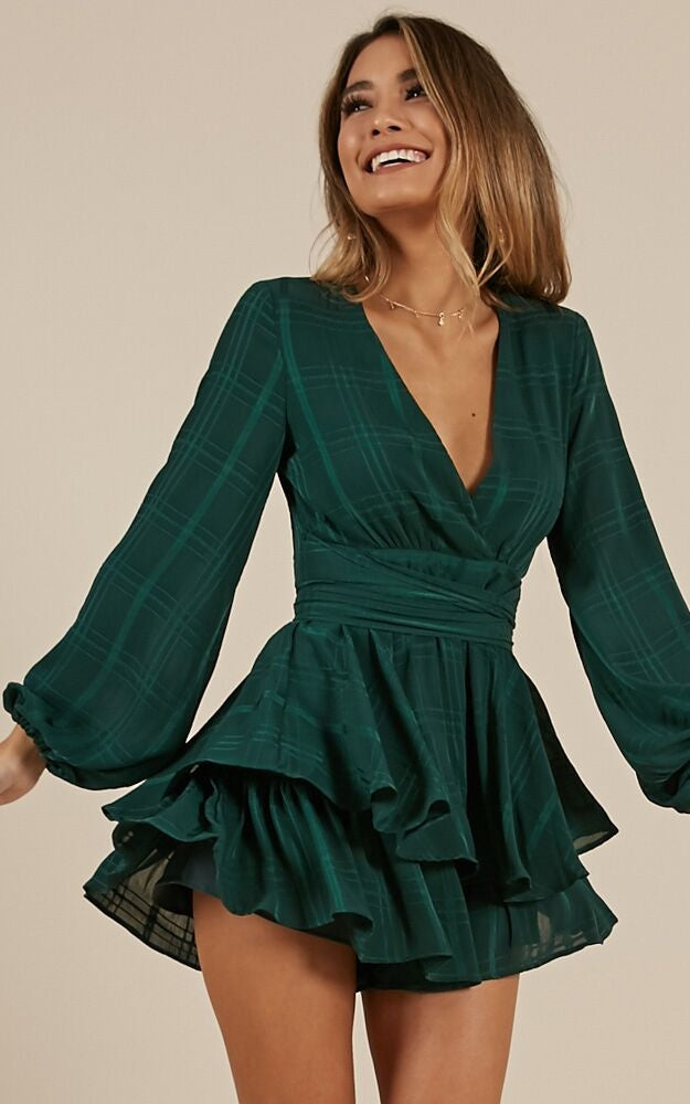 Fashion Forest Green Checkered Ruffle Tie-Up Romper with Bell Sleeve EDITE MODE Fashion Forest Green Checkered Ruffle Tie-Up Romper with Bell Sleeve EDITE MODE